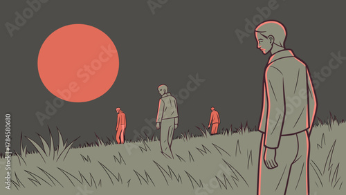Solitude unfolds as figures wander under a haunting moon, each step echoing with introspection and the quiet weight of their own journeys in the field