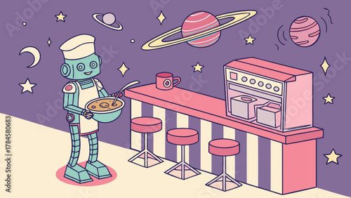 Whimsical robot chef stirring cosmic soup under starry skies, a fun out-of-this-world diner scene with planets and retro design charm for creative projects