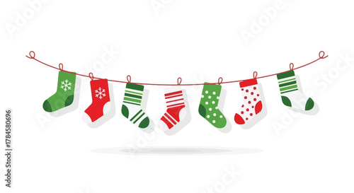 Vibrant vector illustration of festive Christmas socks hanging on a string, perfect holiday season decoration graphic for celebration and winter cheer