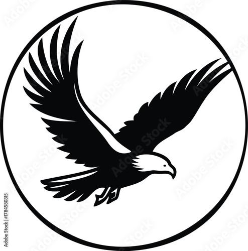 The silhouette of a soaring eagle mid-flight, isolated against a circular sun shape.