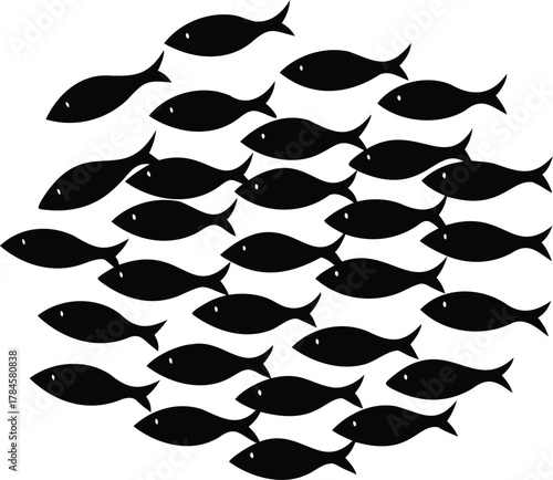The silhouette of a school of fish swimming in a wave-like pattern..