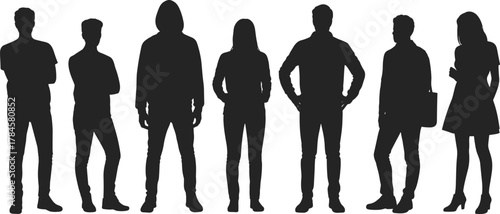 Silhouette casual people standing, varied postures and outfits, black vector icons, gesture study set, cad drawing flat vector illustrationSilhouette casual people standing, varied postures