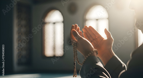 Close-up of a person's hands holding prayer beads in a mosque, illuminated by warm sunlight during a moment of spiritual devotion.