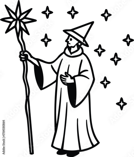 The silhouette of a wizard holding a glowing staff, surrounded by small floating stars..