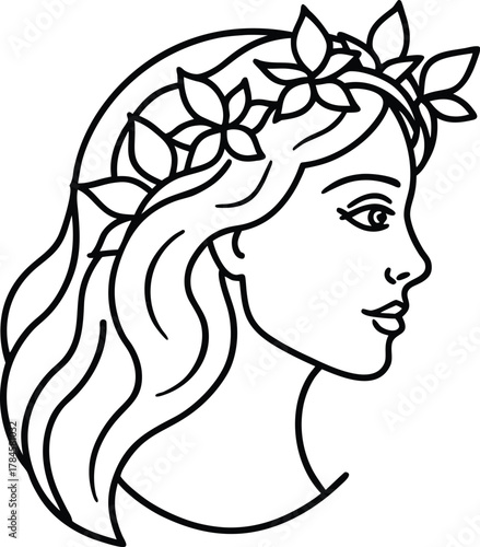 The simple profile silhouette of a woman's face and hair adorned with a crown of flowers.