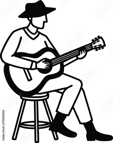The simple, striking silhouette of a guitar and its musician on a small stool.
