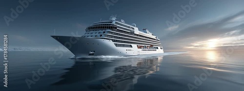 Luxury Cruise Ship Gliding Over Calm Ocean Waters at Sunset