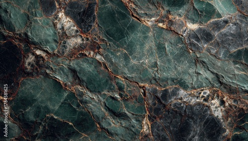 Detailed close-up view of a dark greenish-gray marble.  Veins of gold-copper and gray run throughout.  Rough texture