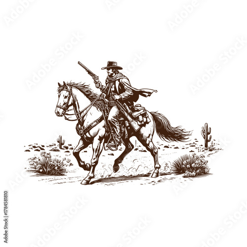  Lone Cowboy Riding Through the Desert – Vintage Western Engraving
