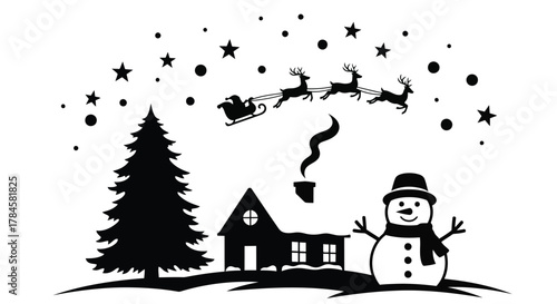 Christmas scene with snowman, tree, and santas sleigh