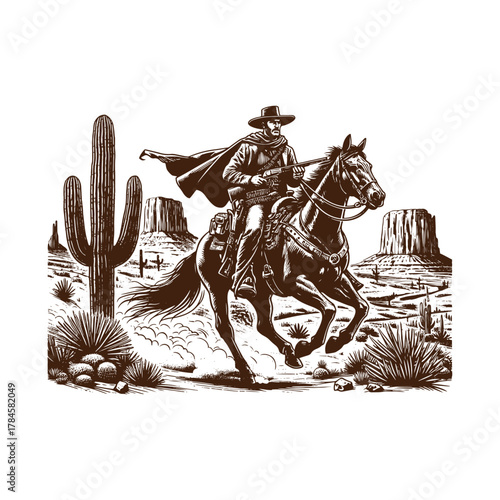  Lone Cowboy Riding Through the Desert – Vintage Western Engraving