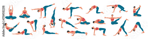Comprehensive yoga poses collection in flat style. Fitness training and relaxation. Vector clipart for sport websites and apps. Multiple angles and positions.