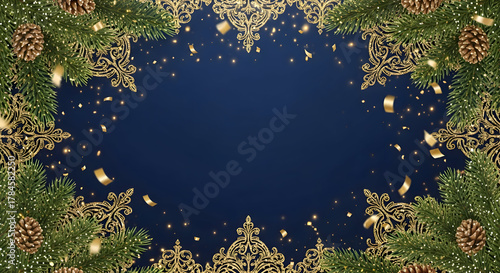 Elegant Christmas background with fir branches, golden pine cones, and sparkling confetti on a deep blue backdrop.