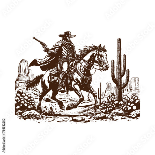  Lone Cowboy Riding Through the Desert – Vintage Western Engraving
