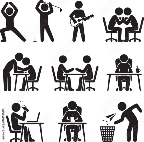 Pictogram People Various Activities Stick Figures Yoga Golf Music Meeting