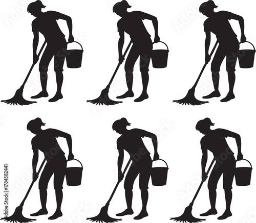 Silhouette pattern of a woman cleaning floor with a mop and bucket