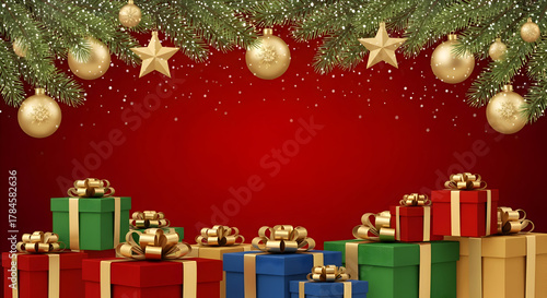 Festive Christmas scene with decorated evergreen branches, golden baubles, stars, and a vibrant display of wrapped gift boxes in various colors on a red back...