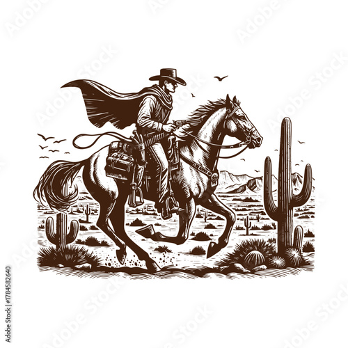  Lone Cowboy Riding Through the Desert – Vintage Western Engraving