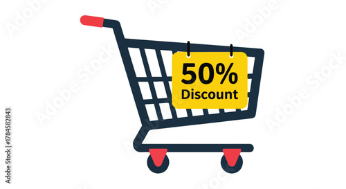 Bright yellow 50% discount tag hanging on a blue shopping cart, symbolizing online sales, special offers, and retail promotions for budget-friendly purchases
