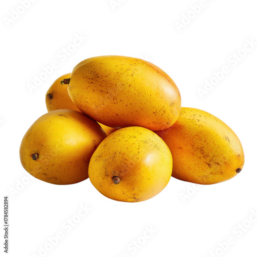Heap of ripe yellow mangoes with small brown speckles piled together transparent background