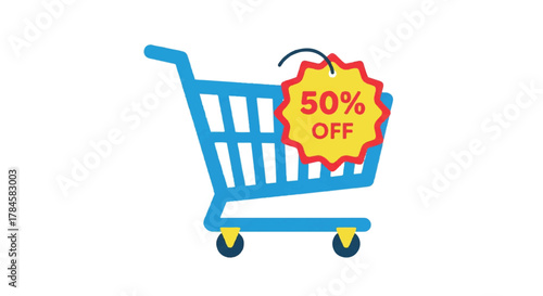 Vibrant blue shopping cart featuring a bold '50% OFF' price tag, representing exciting retail sales, online shopping promotions, and significant consumer savings