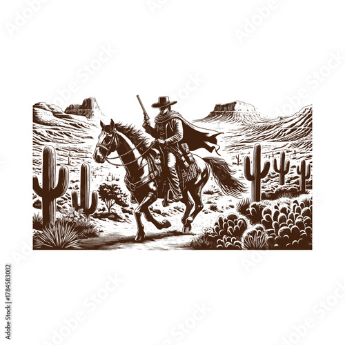  Lone Cowboy Riding Through the Desert – Vintage Western Engraving