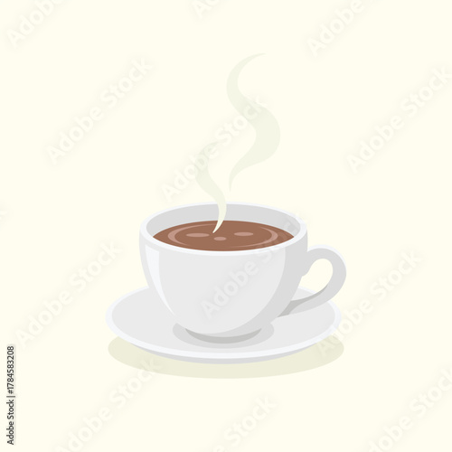 White ceramic cup of hot black tea with saucer. Teatime element vector illustration.
