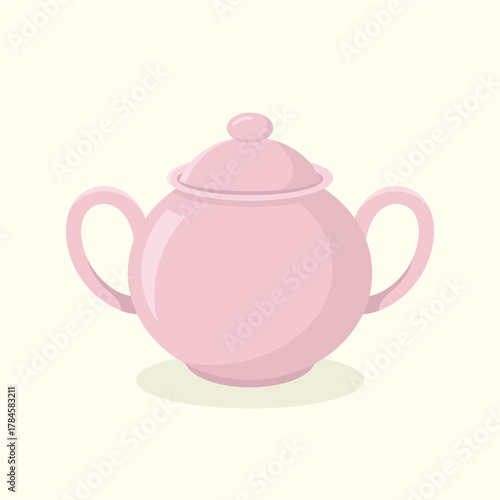 Pink ceramic sugar bowl. Teatime element vector illustration.