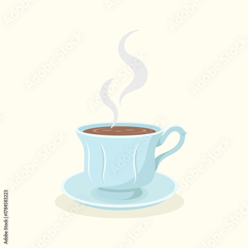 Blue vintage cup of hot black tea with saucer. Teatime element vector illustration.
