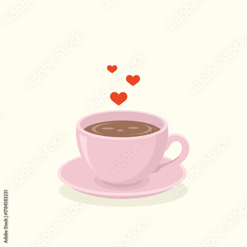 Pink ceramic cup of hot black tea with saucer. Teatime element vector illustration.