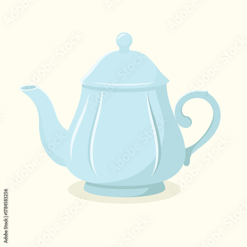 Blue ceramic teapot. Teatime kettle element vector illustration.