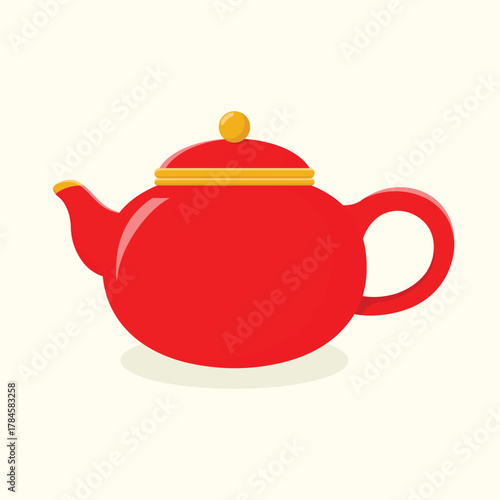 Red Chinese teapot. Teatime kettle element vector illustration.