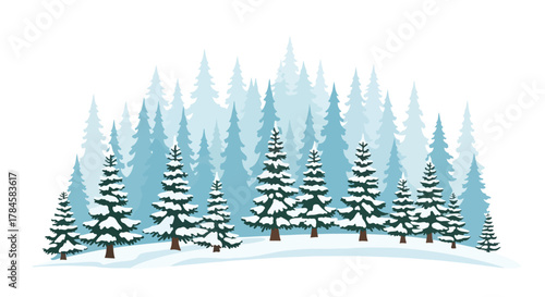 Beautiful winter forest vector illustration featuring frosted pine trees and a serene snowy landscape, ideal for seasonal nature designs