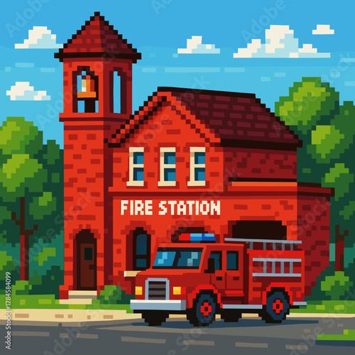 Pixel art of a vibrant fire station with a fire truck parked outside in a colorful setting