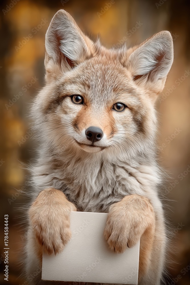 Obraz premium Adorable young fox holding blank card with paws, warm portrait with soft background, perfect for greeting cards, invitations, educational posters, or animal-themed designs.