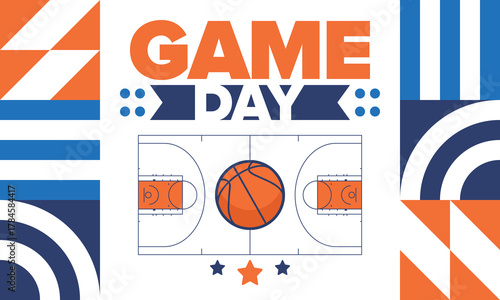 Game Day. Basketball playoff in March. Super sport party in United States. Final games of season tournament. Professional team championship. Ball for basketball. Sport poster. Vector