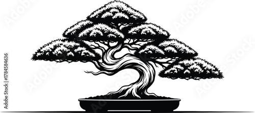 Black and white bonsai tree illustration zen garden japanese art style eps silhouette