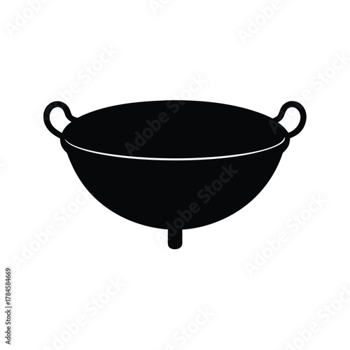 Silhouette illustration of cooking wok with handles and feet kitchen utensil item