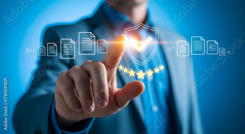 Man touching digital screen with quality assurance guarantee symbol and five star rating