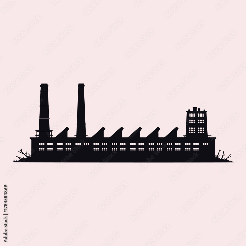 Obraz premium Black silhouette of an industrial factory building with smokestacks and windows against a pale pink background