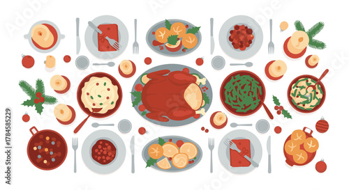 Top view of a festive Christmas holiday dinner table with traditional food like roasted turkey and side dishes, flat vector illustration