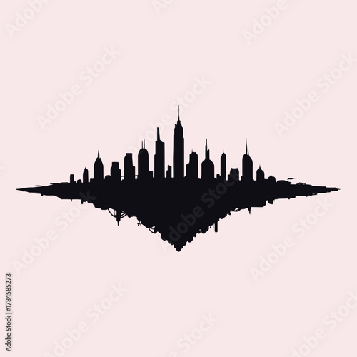 Dark silhouette of a futuristic city skyline with intricate details and a pale pink background cityscape