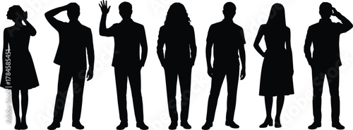 Silhouette people standing in expressive poses, casual and formal gestures, black vector icons, cad drawing flat vector illustration
