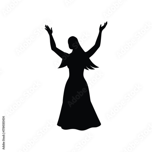 Silhouette of woman raising arms toward sky in graceful welcoming pose