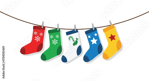 Collection of Colorful Christmas Socks Hanging on a Clothesline