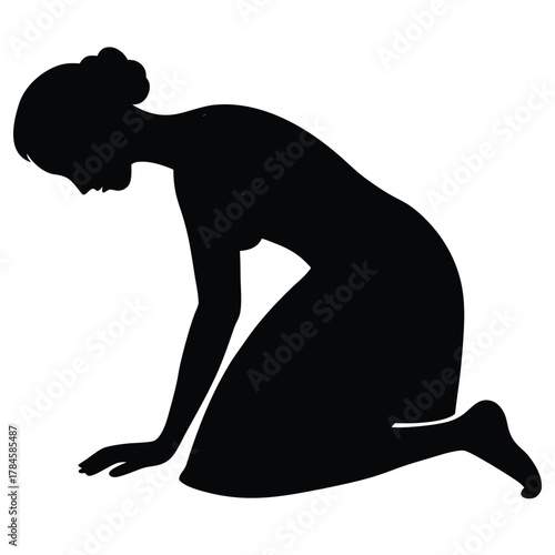 Female silhouette kneeling on floor with head down in a gesture of sadness