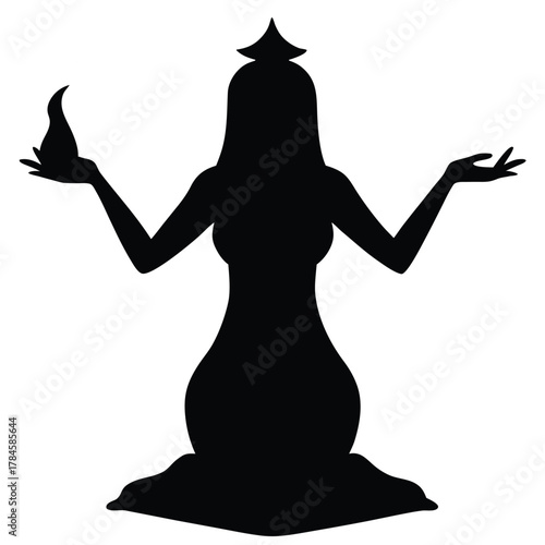 Silhouette of woman sitting in meditation pose holding something in left hand