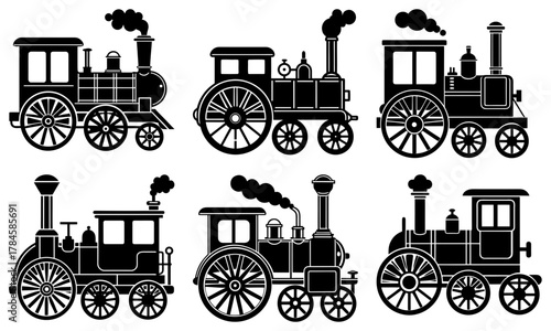 Vintage Steam Train Collection: Charming locomotive engines for timeless designs, perfect for history projects, railway enthusiasts, and creative endeavors