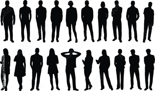 Silhouette people standing poses, expressive body language, black vector icons, casual and formal stances, cad drawing flat vector illustration