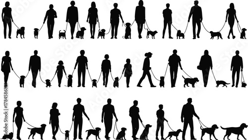 Silhouette people walking dogs, diverse pet breeds, leash icons, outdoor activity, black vector art, cad drawing flat vector illustration